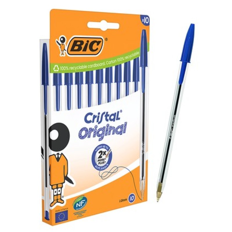 BIC στυλό διαρκείας ballpoint Cristal Original, 1mm μύτη, μπλε, 10τμχ