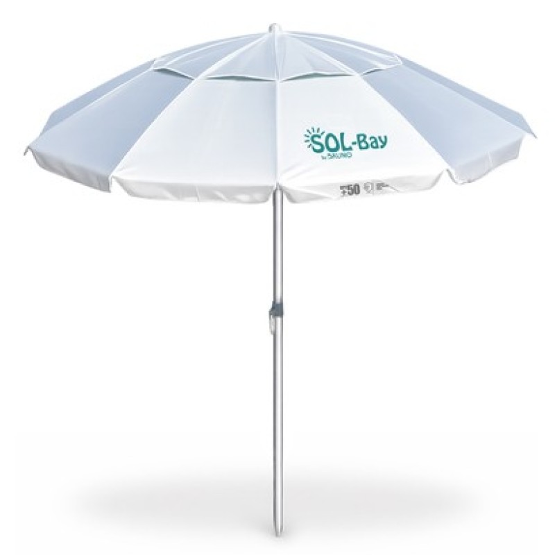 BRUNO ομπρέλα παραλίας αλουμινίου SOL-BAY BRN-0287, 2.2 μέτρων, ασημένια επίστρωση με UV προστασία UPF 50+, αντιανεμικός σκελετός Fiberglass, ρυθμιζόμενο ύψος & κλίση, φορητή με θήκη μεταφοράς