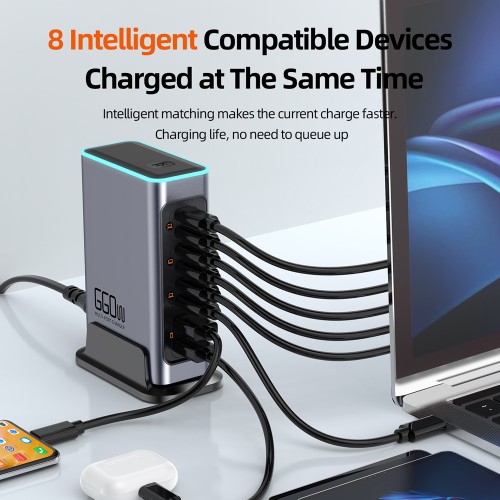 POWERTECH σταθμός φόρτισης PT-1621, 2x USB & 6x USB-C, GaN, 660W, γκρι