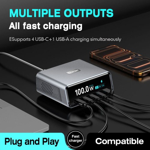 POWERTECH σταθμός φόρτισης PT-1622, USB & 4x USB-C, GaN, 100W, ασημί