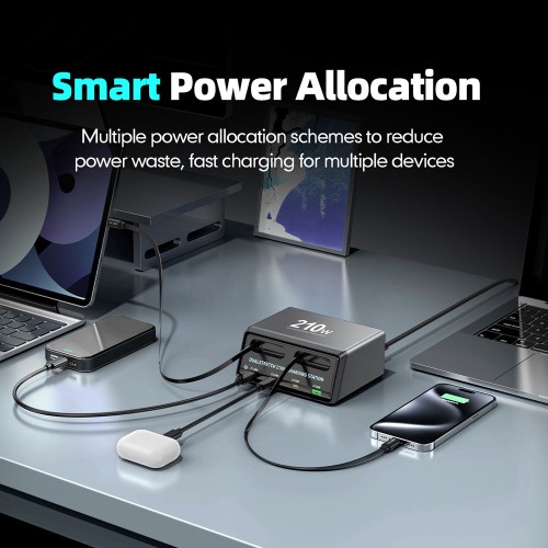POWERTECH σταθμός φόρτισης PT-1623, USB/3x USB-C/2x USB-C καλώδια, GaN, 210W, μαύρος