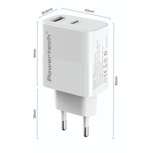 POWERTECH φορτιστής τοίχου PT-1636 με καλώδιο, USB/USB-C, 30W, GaN, λευκός