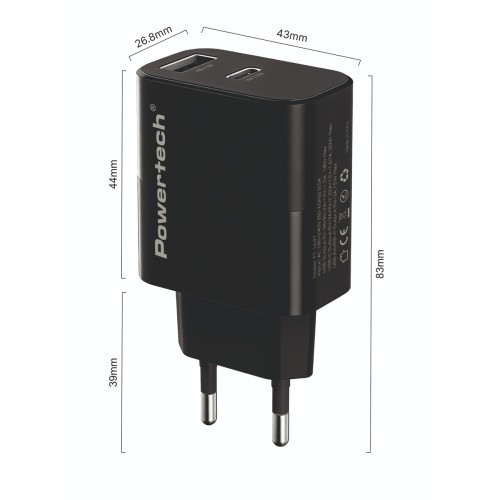 POWERTECH φορτιστής τοίχου PT-1637 με καλώδιο, USB/USB-C, 20W, μαύρος