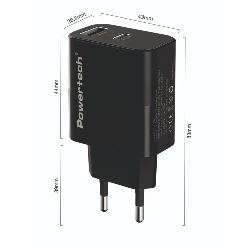 POWERTECH φορτιστής τοίχου PT-1638 με καλώδιο, USB/USB-C, 30W, GaN, μαύρος