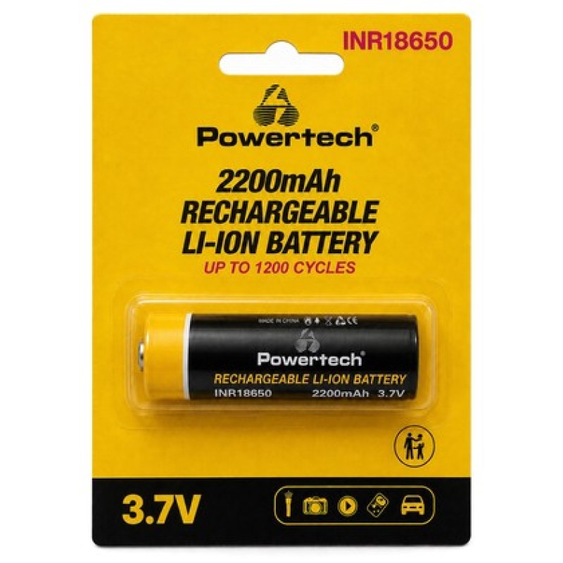 POWERTECH επαναφορτιζόμενη μπαταρία Li-ion INR18650 PT-1614, 2200mAh, 3.7V, button top, 1τμχ
