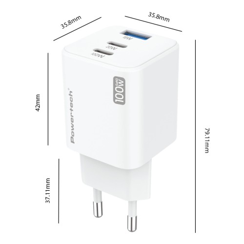 POWERTECH μίνι φορτιστής τοίχου PT-1671 με καλώδιο, USB/2x USB-C, 100W, GaN, λευκός