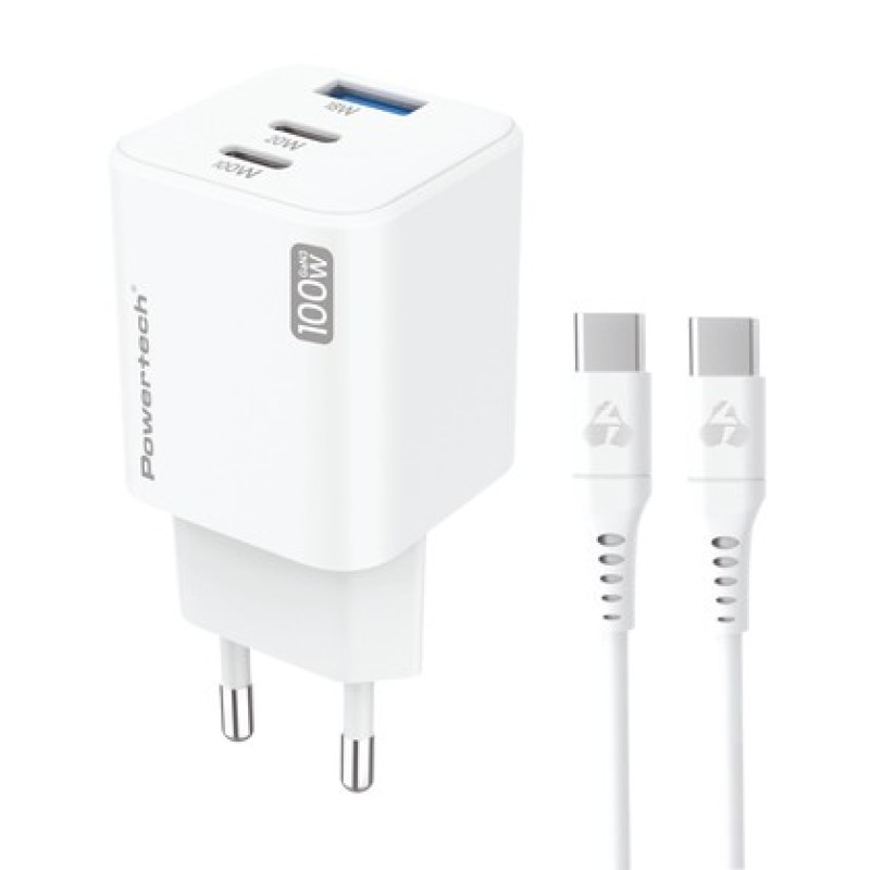 POWERTECH μίνι φορτιστής τοίχου PT-1671 με καλώδιο, USB/2x USB-C, 100W, GaN, λευκός