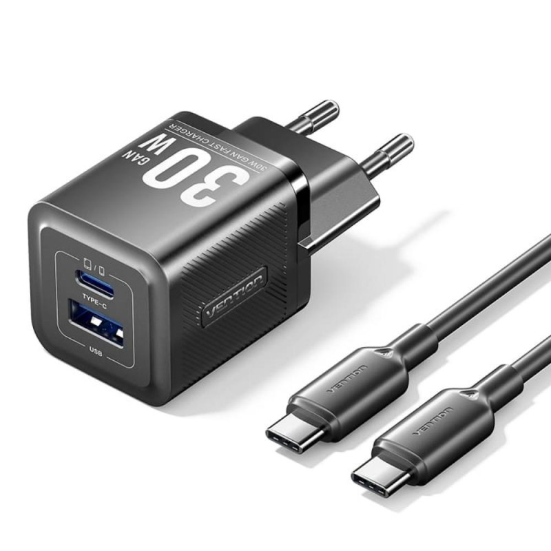 VENTION 2-Port USB (C + C) GaN Charger (45W/45W) with 5A USB-C to USB-C Cable (1M) EU-Plug Gray (TZ-FCFH0-EU) (VENTZ-FCFH0-EU)